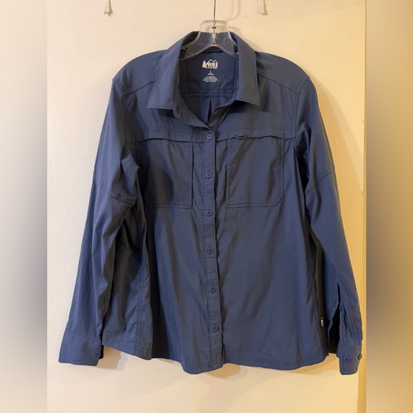 REI Tops - REI Co-op Womens Blue Button-Up Roll Tab Sleeves Hiking/Travel Shirt Sz L